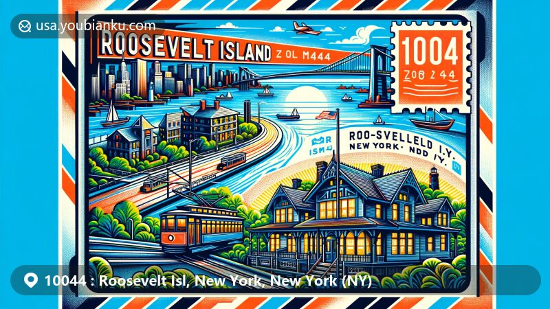 Modern illustration of Roosevelt Island, New York City, highlighting iconic landmarks like the Roosevelt Island Tramway, Blackwell House, and Roosevelt Island Lighthouse, capturing the unique charm of the area with vibrant colors and '10044, Roosevelt Isl, New York, NY' text.