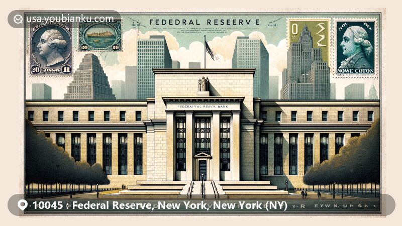 Vintage postcard illustration of Federal Reserve Bank, New York, showcasing neo-Renaissance architecture and postal theme with ZIP code 10045, featuring gold vault and iconic urban skyline.