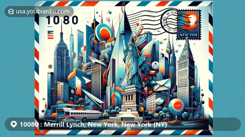 Modern illustration of 250 Vesey Street in Merrill Lynch area, New York City, depicting iconic landmarks like Empire State Building and Statue of Liberty, with postal theme of ZIP code 10080.