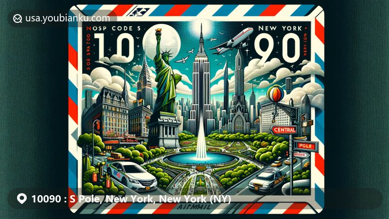Modern illustration of S Pole, New York, New York, showcasing iconic landmarks like Empire State Building and Central Park, with vibrant depiction of Times Square and proud Statue of Liberty, all within an airmail envelope design featuring postal elements.