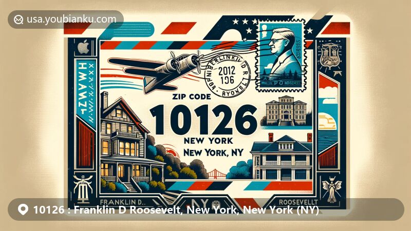 Modern illustration of Franklin D. Roosevelt, New York, NY, featuring vintage airmail envelope with ZIP code 10126, showcasing Springwood estate, Franklin D. Roosevelt Presidential Library and Museum, and hints of New York skyline.