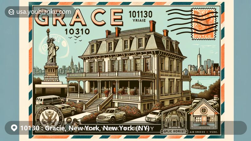 Modern illustration of Gracie Mansion in Gracie, New York, NY, showcasing wooden structure, shutters, and postal theme with ZIP code 10130, featuring Statue of Liberty and New York state symbols.