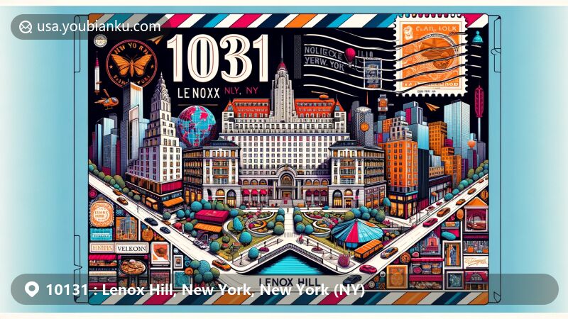 Modern illustration of Lenox Hill, New York, showcasing postal theme with ZIP code 10131, featuring iconic landmarks like Carlyle Hotel, Lenox Hill Hospital, Central Park, and fashion stores Hermès and Valentino.