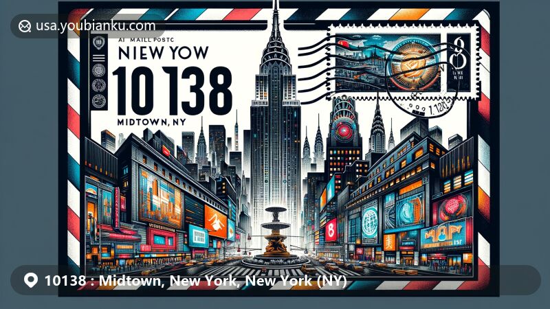 Modern illustration of Midtown, New York, showcasing iconic landmarks and postal elements of ZIP code 10138, including Empire State Building stamp, Times Square neon lights, and Chrysler Building spire.