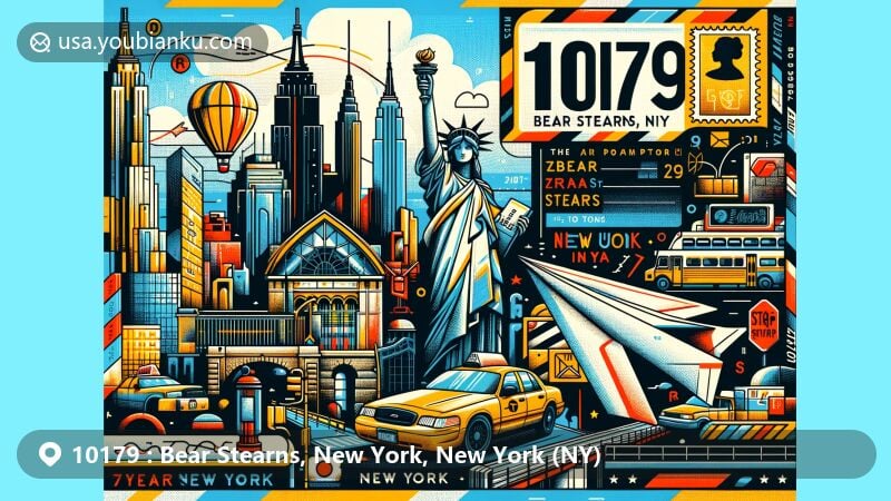 Modern illustration of Bear Stearns, New York, NY, featuring iconic NYC elements such as the Statue of Liberty, famous skyline, yellow taxi, and subway system, with a foreground of an airmail envelope showcasing postal theme with ZIP code 10179.
