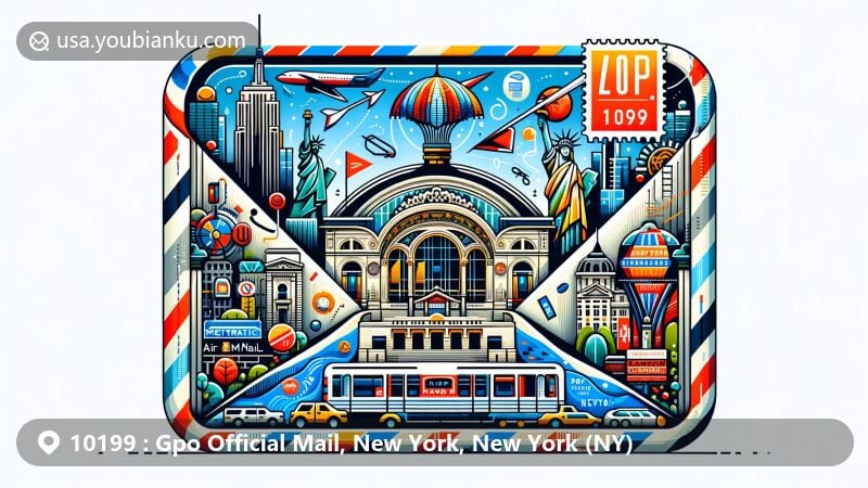 Modern illustration of Gpo Official Mail, New York, NY with ZIP Code 10199, featuring air mail envelope design and iconic city elements like Metropolitan Opera House, Brooklyn Museum, and New York Botanical Garden.