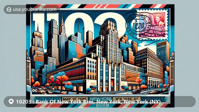 Vibrant illustration of vintage airmail envelope featuring ZIP code 10203 for Bank Of New York Brm area, New York City, with iconic landmarks like Rockefeller Center, St. Patrick’s Cathedral, Saks Fifth Avenue, and Theodore Roosevelt House.