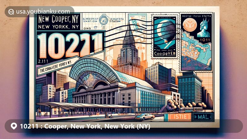 Modern illustration of Cooper, New York, NY, showcasing iconic landmarks like Cooper Union Foundation Building and Astor Place station, along with the Cooper Hewitt, Smithsonian Design Museum, featuring postal elements and New York State's outline, in a creative postcard design.