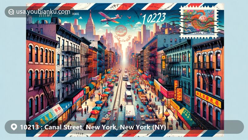 Modern illustration of Canal Street, New York, NY (ZIP code 10213) featuring vibrant Chinatown scene with street vendors, diverse storefronts, and iconic landmarks like New York City Fire Museum and Museum of Chinese in America.