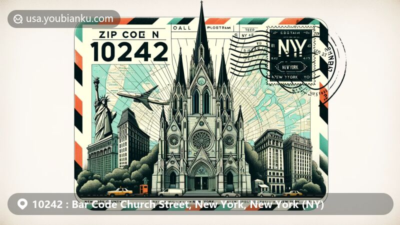 Modern illustration of Bar Code Church Street, New York City, showcasing Trinity Church and iconic landmarks like Empire State Building and Statue of Liberty, integrating postal theme with ZIP code 10242.