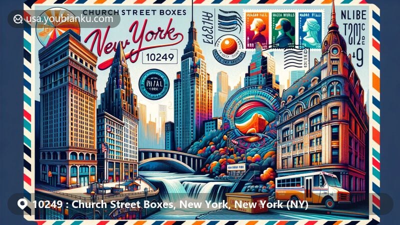 Modern illustration of Church Street Boxes, New York, showcasing postal theme with ZIP code 10249, featuring Niagara Falls, Madison Square Garden, and Woolworth Building.