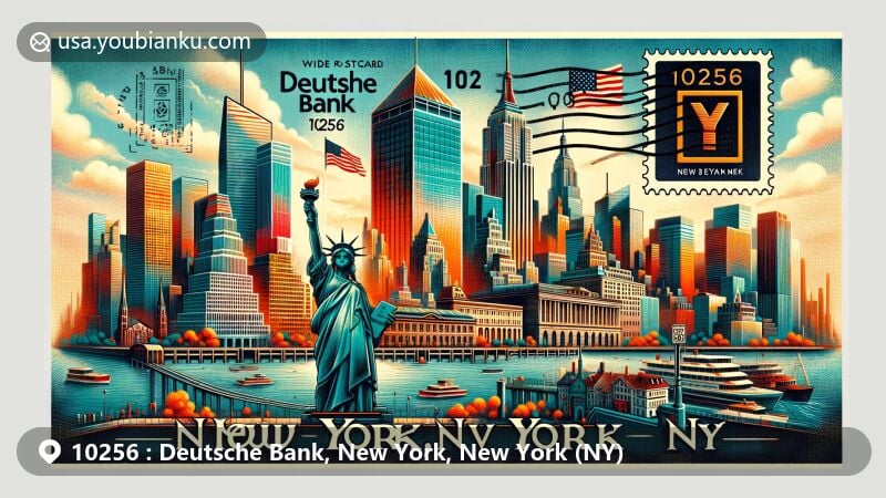 Postcard illustration of Deutsche Bank Center in New York, NY, showcasing iconic city elements such as skyline, Statue of Liberty, and Empire State Building, with vintage postage stamp and postmark for ZIP code 10256.