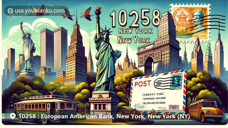 Modern illustration of New York City, showcasing iconic landmarks like Statue of Liberty and Empire State Building, with a vintage postcard featuring postal theme with ZIP code 10258 and 'New York, NY', set against a stylized Central Park backdrop.