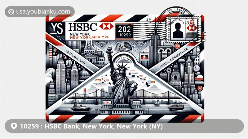 Modern illustration of New York City postal theme with ZIP code 10259, featuring iconic landmarks like the Statue of Liberty, Empire State Building, and Brooklyn Bridge, along with HSBC Bank building and American flag stamp.