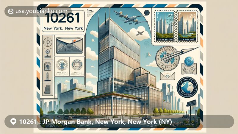Creative illustration designed for US ZIP code 10261 representing JP Morgan Bank area in New York City, featuring modern and sustainable JP Morgan Chase global headquarters designed by Foster + Partners. The artwork showcases architectural features like three-story glass windows and bronze metal panels, surrounded by postal-themed elements such as postcard or airmail envelope borders, complete with stamps, postmarks, and ZIP Code. It includes sustainable design elements like green spaces and advanced HVAC system, highlighting the building's eco-friendly and employee well-being commitment. The overall style is modern illustration, suitable for web display, creatively engaging, and avoiding negative stereotypes or sensitive topics.