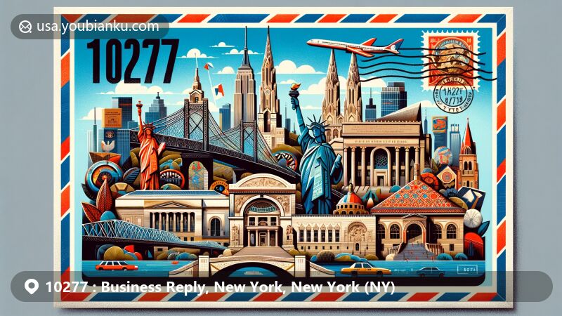 Modern illustration of New York City showcasing iconic landmarks and cultural elements, including museums, bridges, theaters, churches, monuments, and the Statue of Liberty, in a vibrant and visually appealing composition with postal theme and ZIP code 10277.