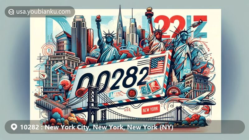 Modern illustration of New York City, NY showcasing postal theme with ZIP code 10282, featuring iconic landmarks like Statue of Liberty, Central Park, Brooklyn Bridge, and Woolworth Building.