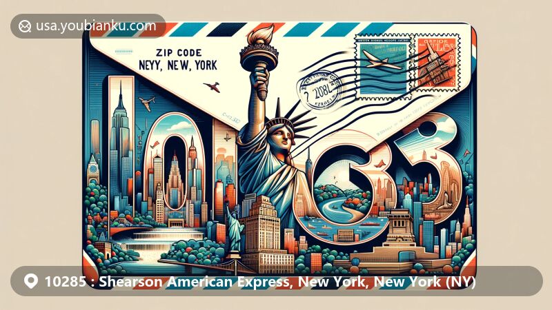 Modern illustration of ZIP code 10285 in New York City, featuring vintage airmail envelope with iconic landmarks like Statue of Liberty and Empire State Building, capturing the city's vibrant character.
