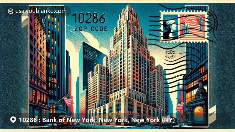Modern illustration of 1 Wall Street, New York City, featuring postal theme with ZIP code 10286, showcasing unique artistic depiction of the iconic building's limestone facade.