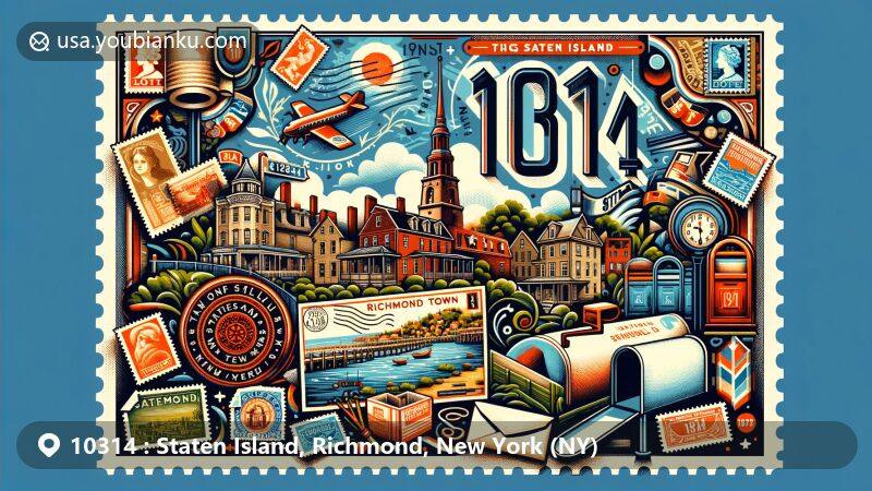 Modern illustration of Staten Island, Richmond, New York, featuring vintage postcard design with Historic Richmond Town, 17th-century architecture, and postal elements like stamps, envelope, and mailbox.