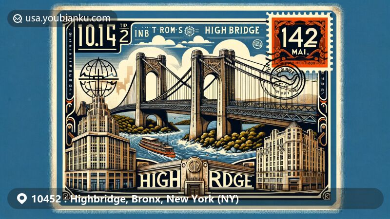 Modern illustration of Highbridge, Bronx, NY 10452, featuring postal theme with ZIP code, showcasing iconic High Bridge, Art Deco architecture, and High Bridge Water Tower against a stylized Bronx map backdrop.