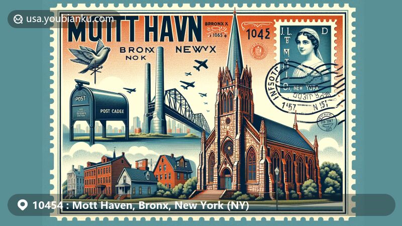 Vintage postcard-style illustration of Mott Haven, Bronx, NY, showcasing St. Ann's Church, J.L. Mott Ironworks, diverse architecture, and postal elements with ZIP code 10454.