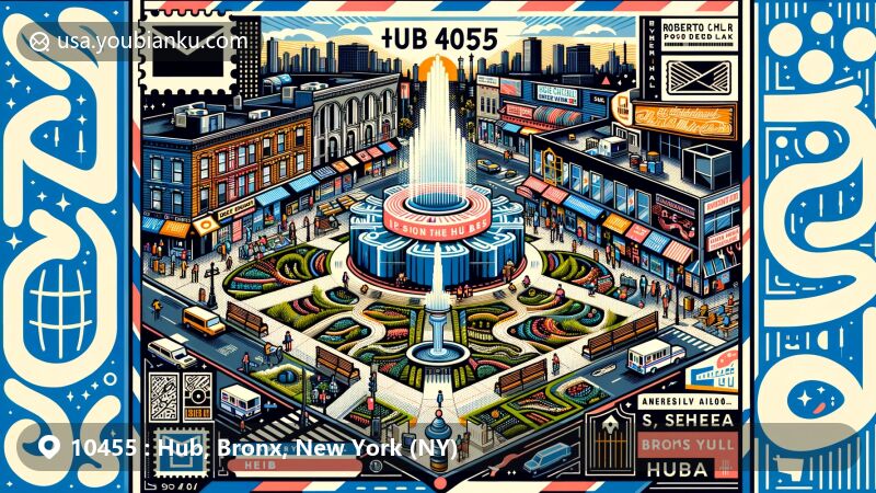 Modern illustration of Hub area, Bronx, New York, depicting postal theme with ZIP code 10455, featuring Roberto Clemente Plaza and vibrant local life.