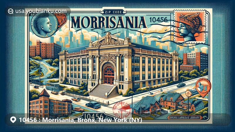 Modern illustration of Morrisania, Bronx, New York, capturing ZIP code 10456, featuring Morris High School Historic District and Bronx Carnegie Library: Morrisania Branch in a postcard style with postal elements.