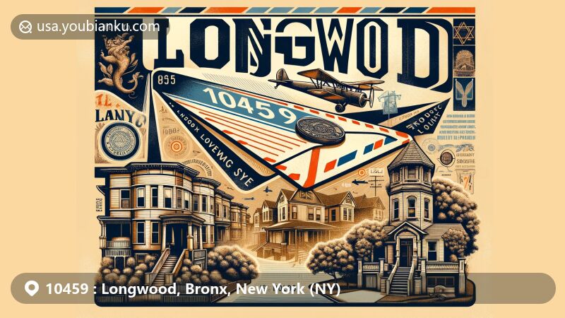 Modern illustration of Longwood, Bronx, New York, featuring vintage airmail envelope with ZIP code 10459, showcasing historic district, United Church, and diverse cultural elements.