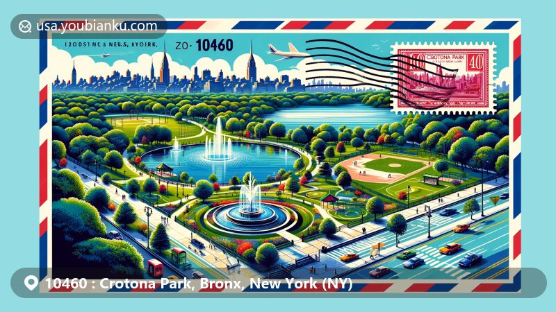 Modern illustration of Crotona Park, Bronx, New York, featuring postal theme with ZIP code 10460, showcasing urban park landscape and diverse community culture.