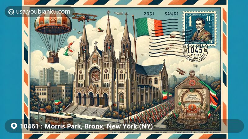 Vintage illustration of Morris Park, the Bronx, New York, featuring Church of St. Dominic, Italian-American heritage, Columbus Day Parade, Albert Einstein College of Medicine, and postal theme with ZIP code 10461.