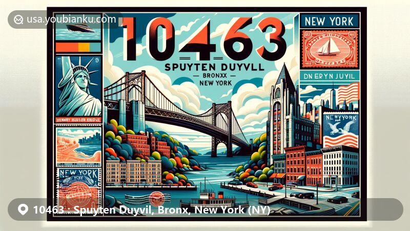 Modern illustration of Spuyten Duyvil area in the Bronx, New York, featuring iconic Henry Hudson Bridge and picturesque Hudson River, blending urban and natural beauty with Tudor Revival and Art Deco architecture, showcasing '10463' ZIP code, postal elements, and vintage New York stamps.