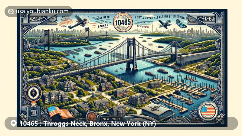 Modern illustration of Throggs Neck area in the Bronx, New York, highlighting Throgs Neck Bridge and postal theme with ZIP code 10465, incorporating historical elements like Fort Schuyler, vibrant residential features, and New York State symbols.