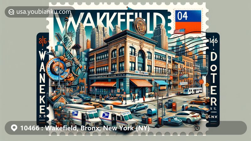 Creative illustration of Wakefield, Bronx, New York (NY), featuring Wakefield Station post office, New York City skyline, state flag on a postal stamp, urban elements, and postal motifs, with prominent display of ZIP code 10466.