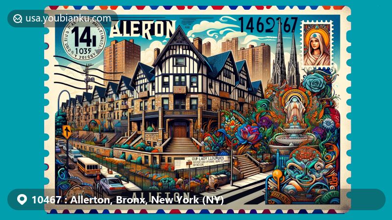 Modern illustration of Allerton, Bronx, New York, featuring historic Allerton Coops, Our Lady of Lourdes Grotto, vibrant graffiti art mural, and postal theme with ZIP code 10467.