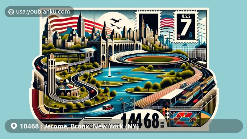 Modern illustration of Jerome, Bronx, New York, featuring Jerome Park Reservoir, Jerome Park Racetrack, diverse urban landscape, and creative postal theme with ZIP code 10468.