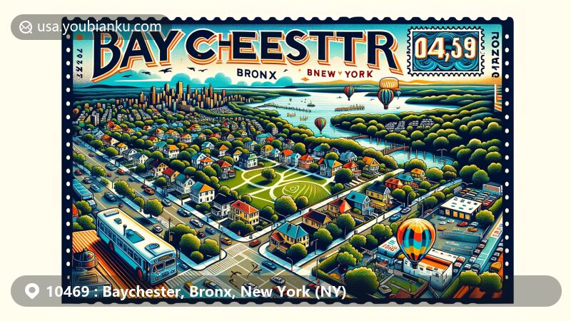 Modern depiction of Baychester, Bronx, New York, highlighting ZIP code 10469, showcasing Pelham Bay Park, Bronx Zoo, and a creative postal theme with elements symbolizing community spirit.