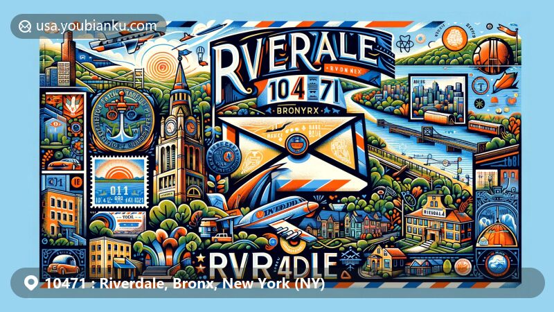 Modern illustration of Riverdale, Bronx, New York, showcasing postal theme with ZIP code 10471, featuring Riverdale Memorial Bell Tower, Hudson River landscape, and historic architectural elements.
