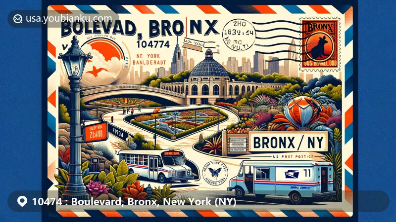 Modern illustration of Boulevard, Bronx, NY, showcasing vibrant scenes of New York Botanical Garden, Bronx Zoo, and postal elements with ZIP code 10474, in a creative and culturally respectful style.