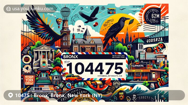 Modern illustration of Bronx, Bronx, New York, showcasing vibrant cultural elements including Bronx Zoo, Edgar Allan Poe's cottage, street art, and culinary scenes, with subtle postal theme featuring ZIP code 10475.