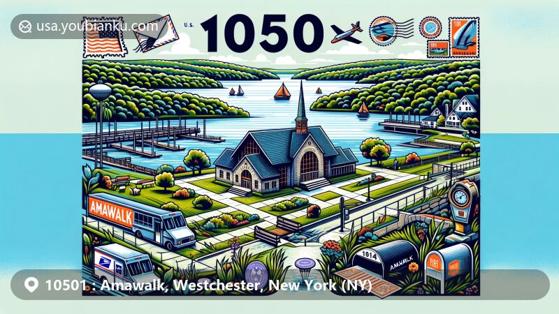 Modern illustration of Amawalk, Westchester County, New York, featuring aerial view of Amawalk Reservoir, Friends Meeting House, state symbols, and postal elements with ZIP code 10501.