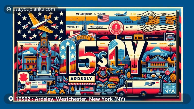 Modern illustration of Ardsley, Westchester, New York, depicting postal theme with ZIP code 10502, featuring iconic landmarks like Anthony F. Veteran Park and McDowell Park, along with vintage postage elements and New York state flag elements.