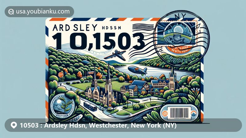 Vibrant illustration of Ardsley Hdsn, Westchester, New York, resembling an airmail envelope with New York state flag stamp, showcasing Anthony F. Veteran Park, McDowell Park's greenery, historic growth, Saw Mill River, and postal theme with ZIP code 10503.