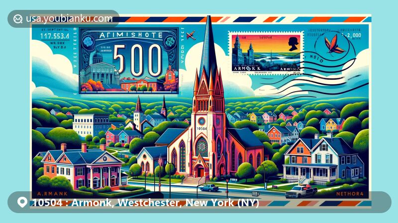 Modern illustration of Armonk, Westchester, New York, showcasing St. Stephen's Episcopal Church and Bedford Road Historic District, surrounded by lush green landscapes and suburban houses, featuring ZIP code 10504 and artistic representation of IBM headquarters.