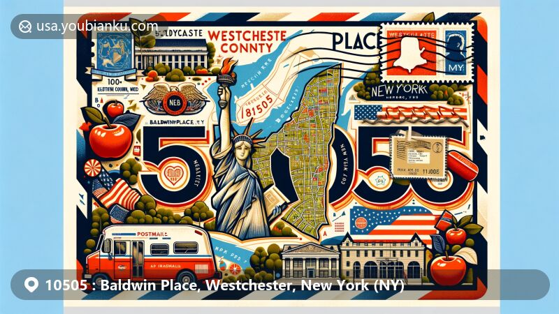 Vibrant illustration of Baldwin Place, Westchester, New York, showcasing iconic New York State symbols and postal elements, including vintage postage stamp with ZIP code 10505 and airmail envelope design.