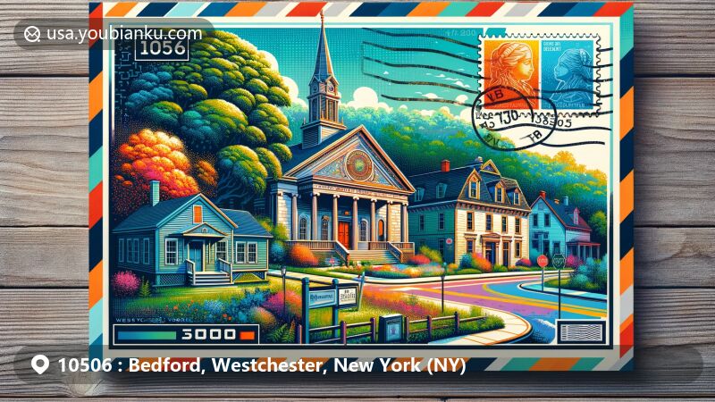 Modern illustration of Bedford, Westchester, New York, showcasing historic buildings in Federal, Greek Revival, and Victorian styles within Bedford Village Historic District, along with Bedford Oak and postal elements.
