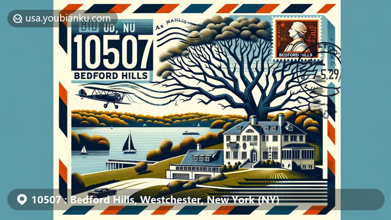 Modern illustration of Bedford Hills, Westchester County, New York, resembling an air mail envelope design, featuring the iconic Bedford Oak tree and the historic Richard H. Mandel House, with postal elements including vintage stamp and 10507 ZIP code.