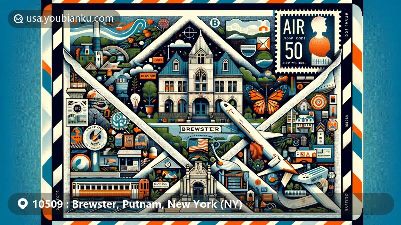 Modern illustration of Brewster, Putnam, New York, with a postal theme showcasing ZIP code 10509. Features Tudor train station, Walter Brewster House, abstract art, local bird symbol, and map of Putnam County along with New York state flag stamp.