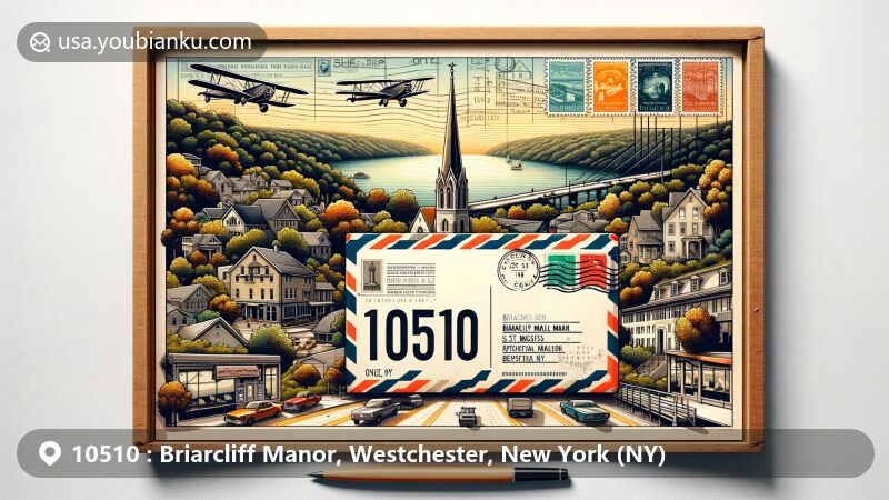 Vintage-style illustration of Briarcliff Manor, Westchester, New York, showcasing ZIP code 10510, featuring Hudson River scenery, historic church, and charming downtown area.