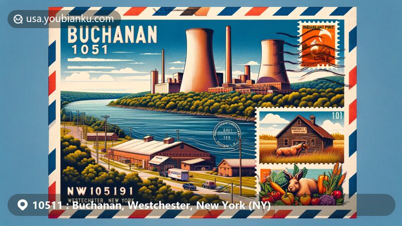 Modern illustration of Buchanan, Westchester County, New York, showcasing postal theme with ZIP code 10511, featuring Indian Point Power plant, Hudson River scenery, Hemlock Hill Farm, and vintage postal elements.
